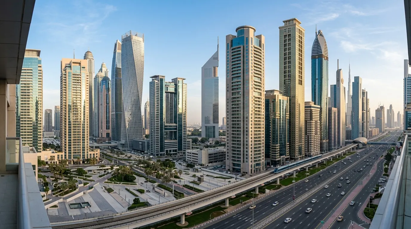 Panoramic morning view of contemporary limestone and blue-glass office towers in a Dubai commercial district, with a metro line and highway in the foreground.
