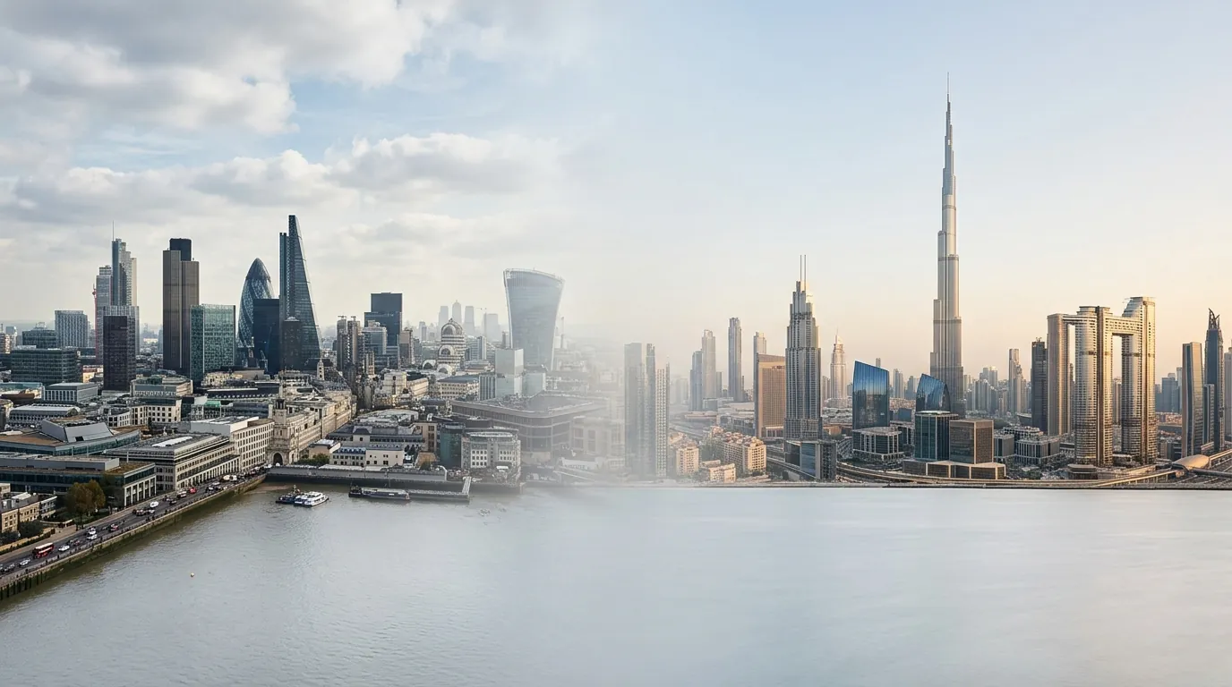 Conceptual image blending the London financial skyline on the left with Dubai's DIFC district and the Burj Khalifa on the right across a calm stretch of water.